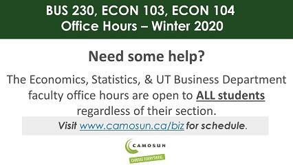 Econ 103, 104 & Bus 230 Tutoring - Winter 2020